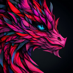 Canvas Print - A close-up of a vibrant pink dragon with a piercing blue eye. The dragon's scales shimmer with intricate details.