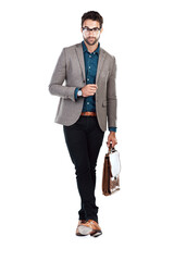 Poster - Business man, confidence and portrait with professional fashion of lawyer with briefcase and glasses in studio. Entrepreneur, working and bag with law firm job with white background and blazer