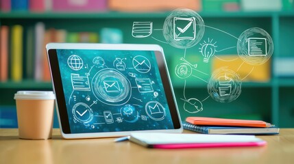 Digital tablet with social media icons, notebooks, and coffee cup showcasing communication and technology concept in an office setting.