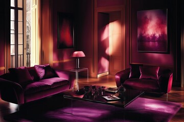 Wall Mural - Elegant purple living room interior with luxurious sofas, stylish lamp, and modern decor during afternoon light