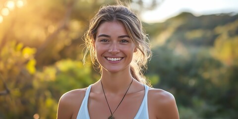 Wall Mural - A woman with a necklace is smiling in a forest. Scene is happy and peaceful