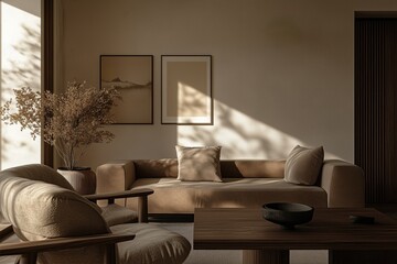 Wall Mural - Cozy minimalist living room with natural light illuminating neutral-toned furniture and decor