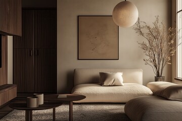 Wall Mural - Cozy modern living room with minimalist decor and natural light highlighting soft textures in a serene atmosphere