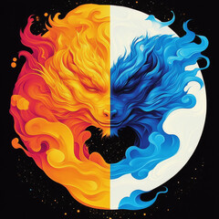 Wall Mural - Abstract illustration of two mythical creatures, one fire and one water, facing each other against a black background.