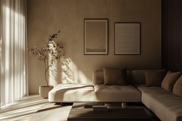 Wall Mural - A serene living room with soft sunlight illuminating neutral-toned furniture and artwork in a cozy, modern space