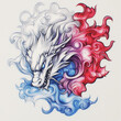 © Vertigo Images - White dragon head surrounded by swirling blue and red clouds.