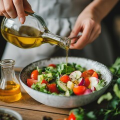 A person is pouring oil into a bowl of salad. The salad is full of vegetables, including tomatoes, cucumbers, and radishes. The bowl is placed on a wooden table, and there are two bottles nearby