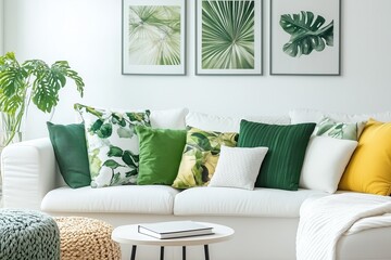 Wall Mural - Bright and cozy living room with green accents and decorative pillows showcasing nature-inspired artwork in a sunny atmosphere