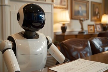 Poster - Humanoid robot conducting an employment interview with an over the shoulder view of an application form.