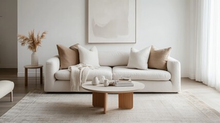 Poster - A cozy living room features a soft white sofa adorned with beige cushions. A round coffee table sits in front, complemented by minimalist decor and abundant natural light from large windows.