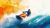 Artistic illustration of jetski in water. Summer tropical sports.