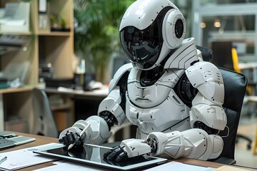 Leinwandbilder - Humanoid Robot Designer Using Digital Graphic Tablet With Stylus At Desk.