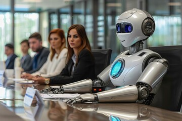 Humanoid robot at the hiring interview in the office, robot, business, ai, artificial, card, intelligence, code, interview, tech, machine, job, technology, future, customer, 4, 0, people