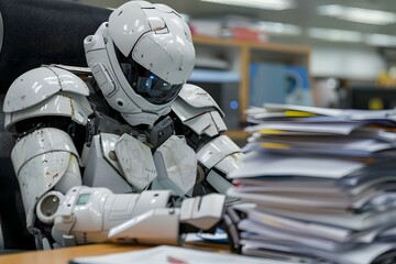 Poster - stressed humanoid robot working in office with stack of folders