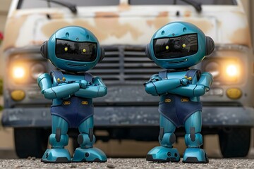 Two Happy Humanoid Robots In Overall With Arms Crossed In Front Of Van.