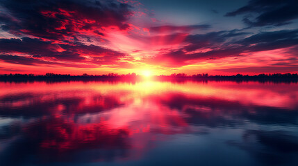 Poster - breathtaking red sunset casts a warm glow over still waters, evoking a sense of peace and reflection. The vivid colors and serene atmosphere symbolize calm, renewal, and nature’s quiet beauty