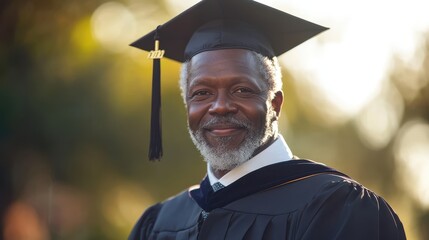 senior African American graduate with graduation cap and black cape