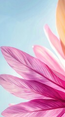 Sticker -   A pink flower in focus against a blue sky backdrop with a yellow and pink floral arrangement in the foreground