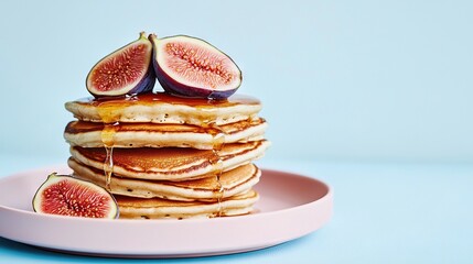 Poster -   A pink plate holds a tower of fluffy pancakes, adorned with crumbled figaro cheese and a sweet drizzle of honey