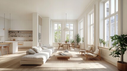Poster - A bright, airy living room with tall windows that let in plenty of natural light. The room is decorated in a minimalist style, with a white couch, wooden coffee table, and a few plants