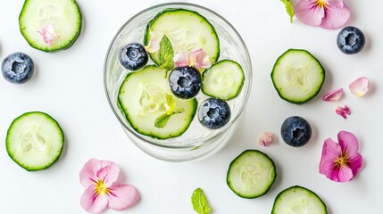 Wall Mural -   A bowl containing cucumbers and blueberries atop a white background, adjacent to floral elements and petals