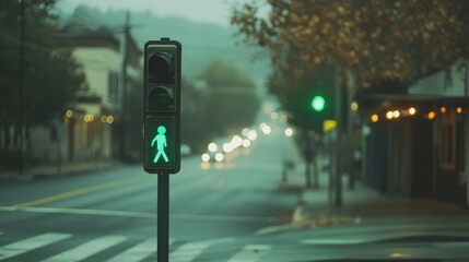 Poster - A pedestrian traffic light flashes green at a quiet crosswalk in a small town, with no one crossing the street