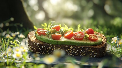 Poster -   Bread with tomatoes and avocado on top of wildflowers in a field