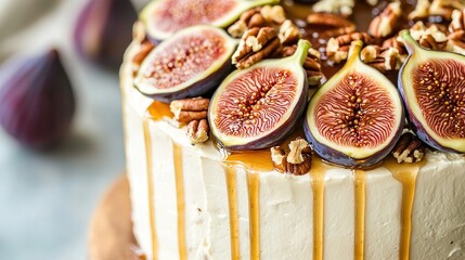 Wall Mural -   A figs-nuts-and-caramel-drizzled cake placed on a wooden platter