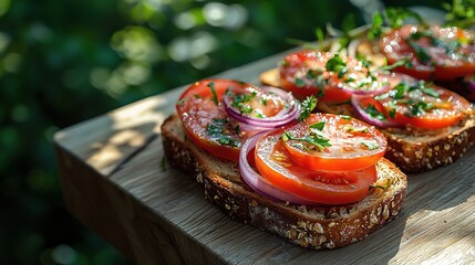 Poster -   Wooden board, bread slices, tomato, onion