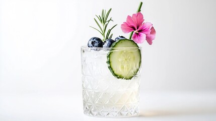 Canvas Print -  White table + Blueberries + Cucumber in glass