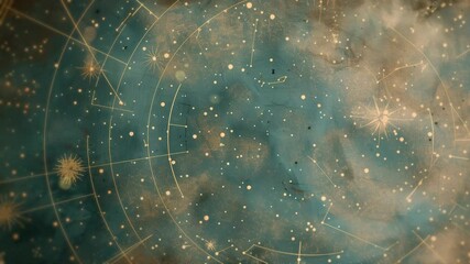 ancient illustration of astrological background with golden star map on turquoise blue background, o