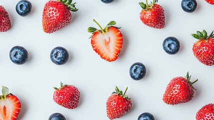 Canvas Print -   Strawberries, blueberries, and strawberries arranged in a pattern on a white surface with a green leaf