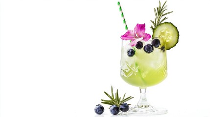 Canvas Print -  Green smoothie with blueberries and cucumber topped with a cucumber slice and flower garnish