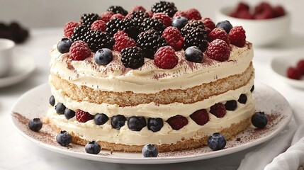 Poster -   A close-up photo of a cake on a plate with berries atop and beneath it