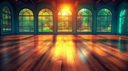 Sticker - Sunlight streams through large arched windows, illuminating the warm wooden floor of a spacious room.