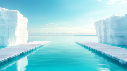 Wall Mural - Two wooden walkways lead to a vast expanse of icy blue water, framed by towering white icebergs.