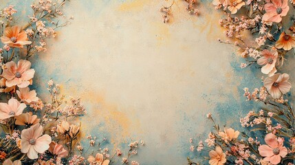 Wall Mural -  Pink Flowers on Blue Background with Name Space