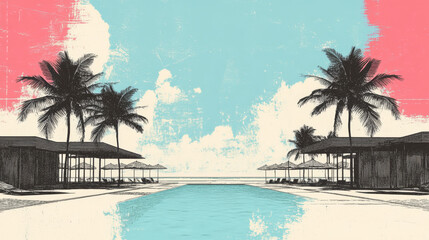 Wall Mural - A sketch of a tropical resort with a pool, palm trees, and a beautiful blue sky.