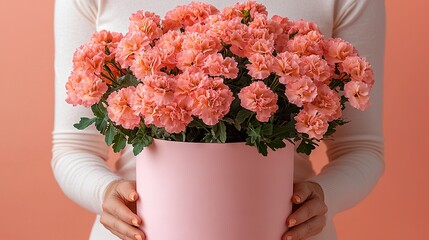 Poster -   A close-up of a person with a pink vase holding flowers, against a pink wall