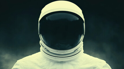 Wall Mural - An astronaut in a white spacesuit with a black visor helmet stands against a dark, smoky background.