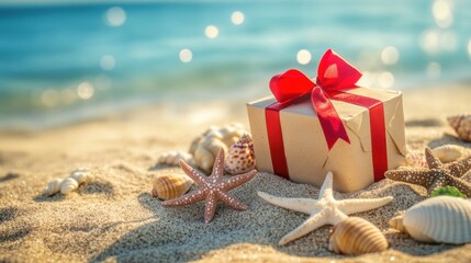 Gift box on sunny sandy beach with shells starfish for holiday closeup view