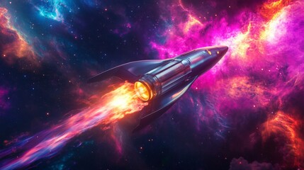 Fototapete - A sleek spacecraft propels through the cosmos, trailing vivid flames