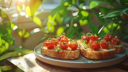 Sticker -   A plate of bread topped with tomatoes sits atop a table alongside a potted plant