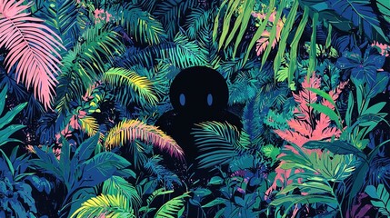 Sticker -   A painting of a person amidst lush foliage and towering trees, with a dark silhouette at the canvas's heart