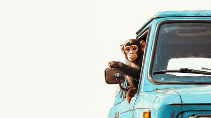 Poster -   A monkey perched outside a blue pickup with a mirror affixed to its side