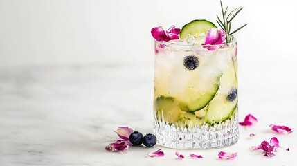 Poster -   A refreshing cucumber-blueberry drink in a glass adorned with a flower and a slice of cucumber