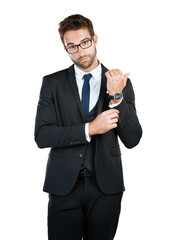 Poster - Man, spy and portrait with confidence with professional, fashion and entrepreneur in studio. Executive suit, watch and job with glasses, style and corporate agent with white background and success