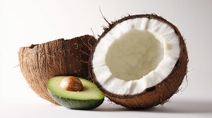 Canvas Print -   A split avocado, a split coconut, and half an avocado