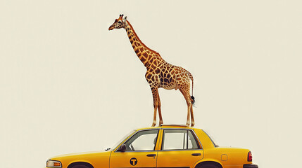 Poster -  Giraffe perched atop yellow car amidst desert sky