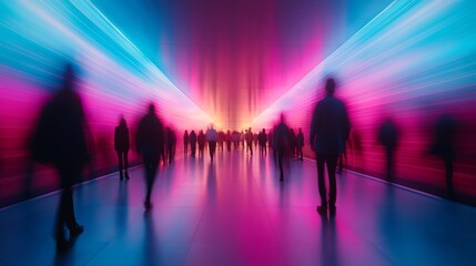 Poster - Visitors navigate an abstract gallery illuminated by neon blue and pink lights reflecting off smooth white walls, creating an energetic atmosphere